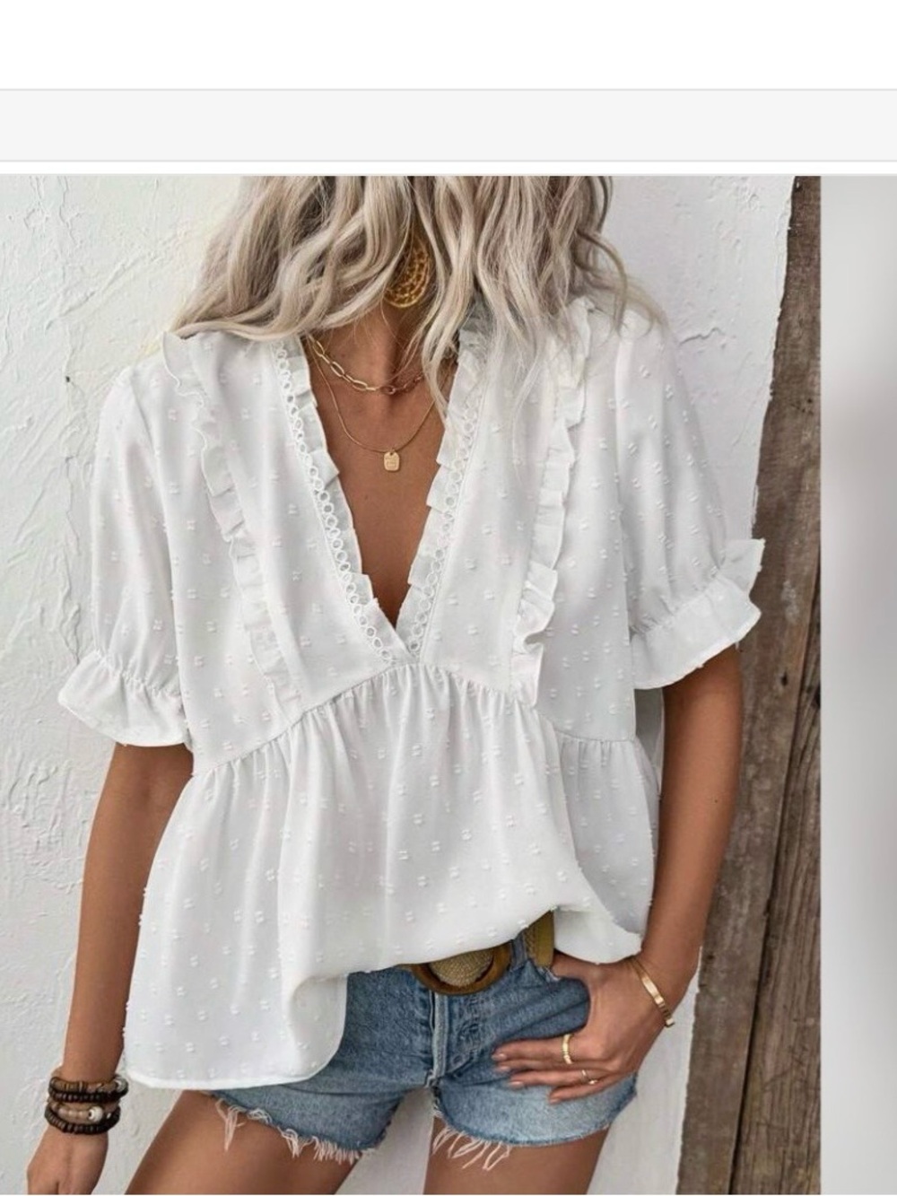 SHEIN White Ruffled Eyelet V-Neck Peasant Blouse